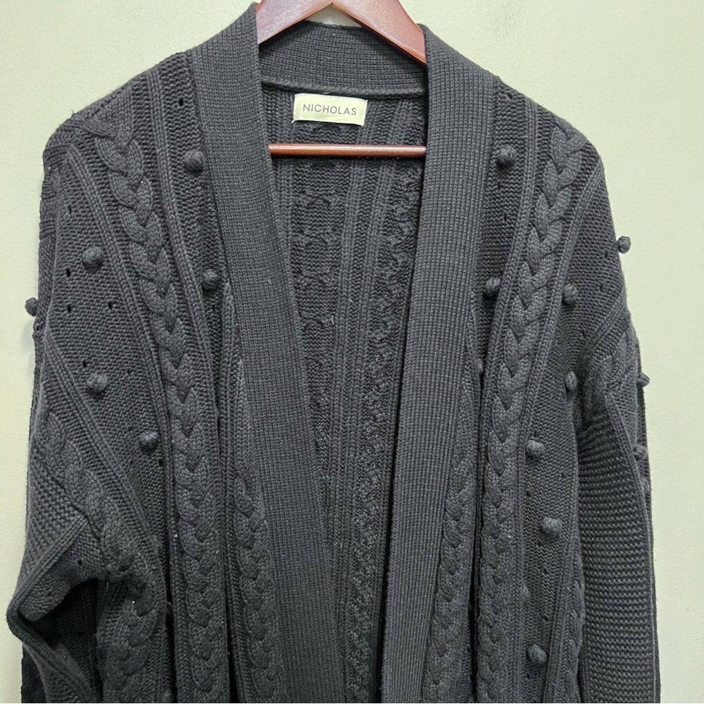 Nicholas Black Cotton Wool Cardigan Pom Pom Sweater Size Large Missing Belt - Picture 4 of 11